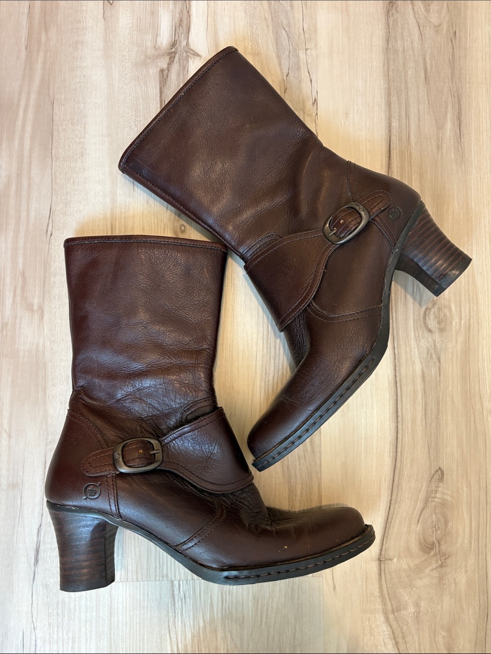 Born Brown Leather Mid-Calf Heeled Boots with Buckle